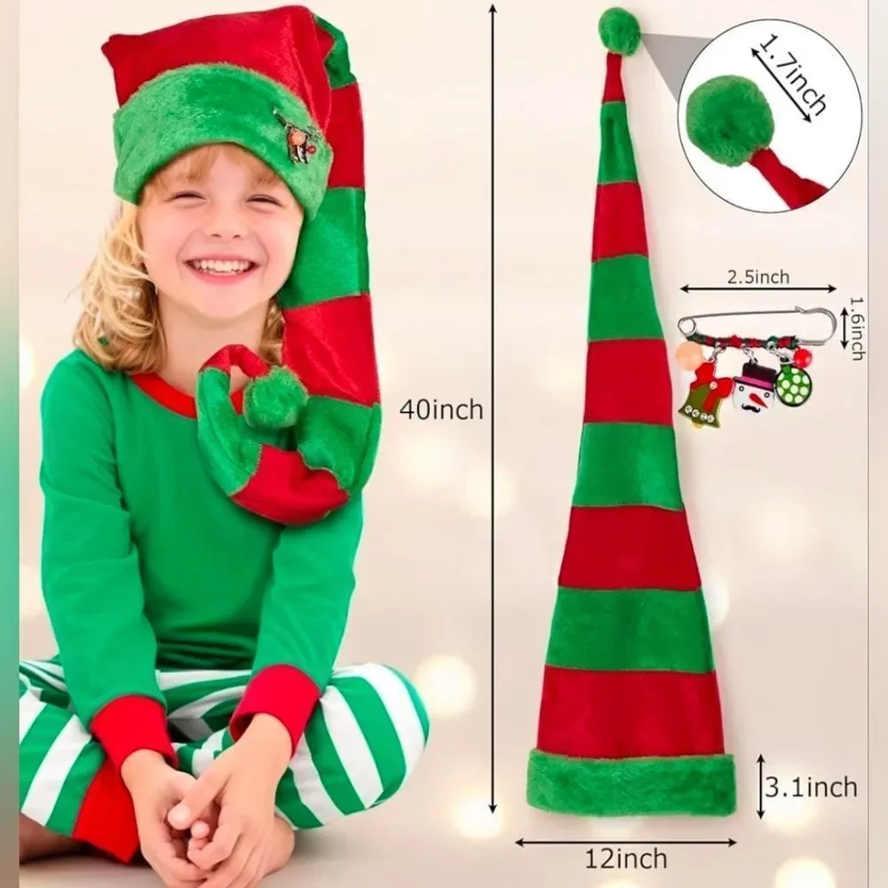 🔹️NWOT Green & Red Striped Adjustable Wire Extra Long Elf Hat One Size - Picture 3 of 7
